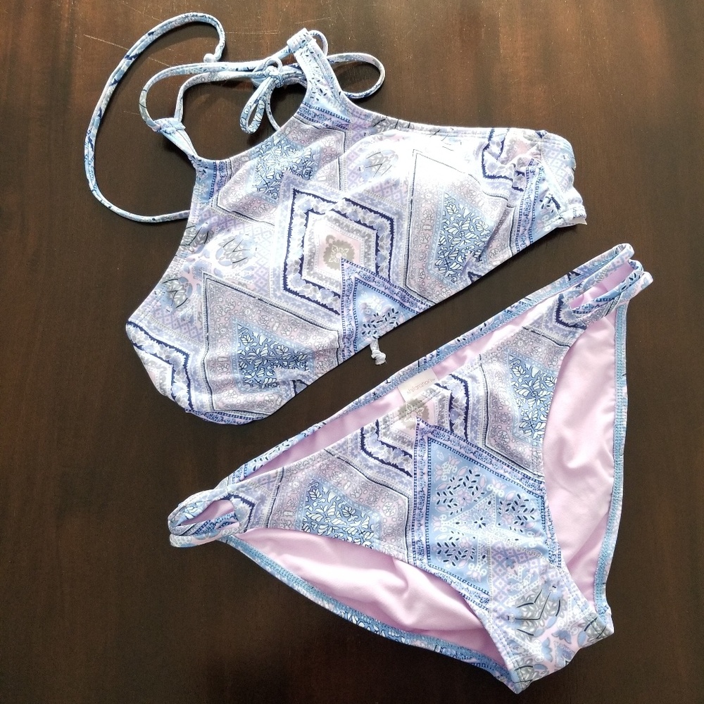 Blue and pink printed bikini